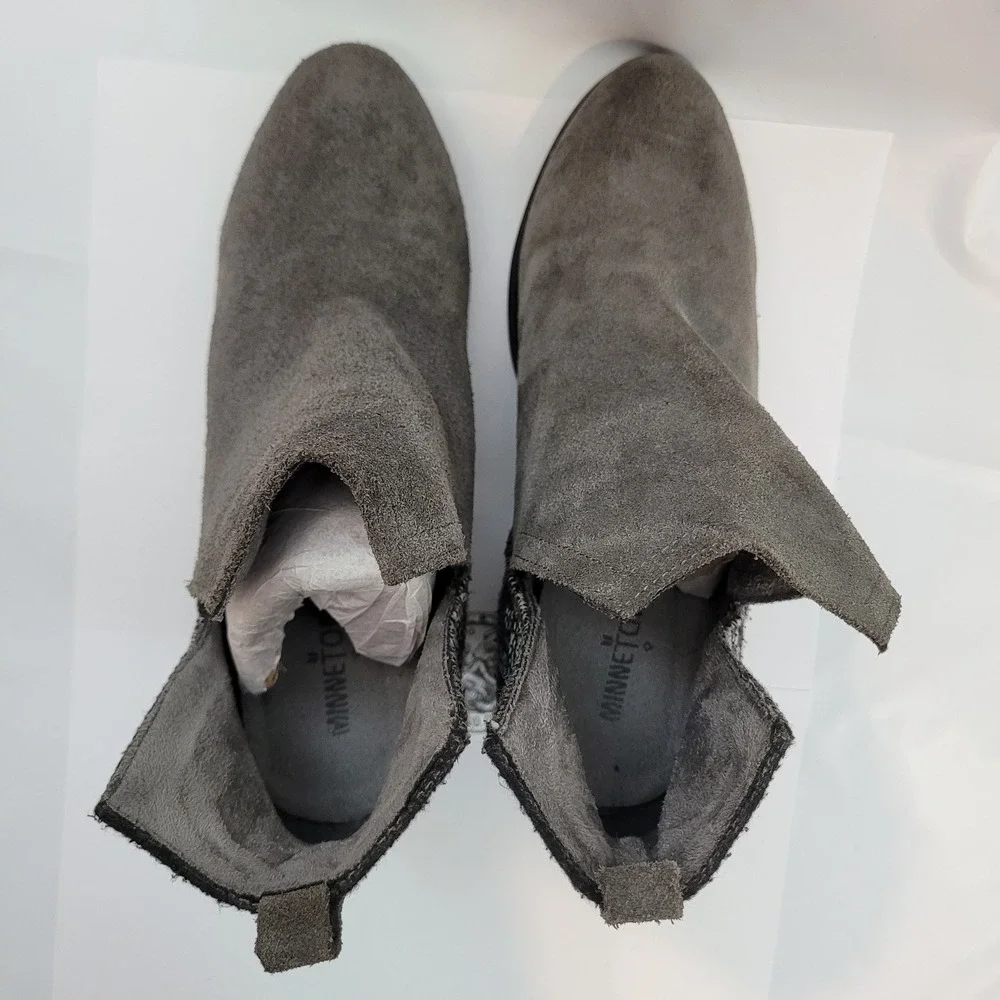 Minnetonka Ankle Boots Womens Grey Suede Woven Block Heel Booties 81045